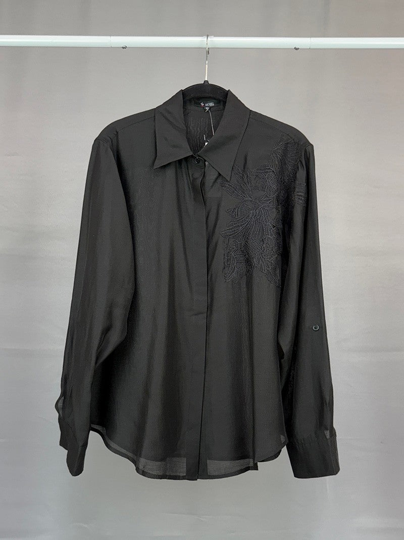 MICHEL SOLID HIDDEN BUTTON DOWN ROLL UP LONG SLEEVE BLOUSE 43777