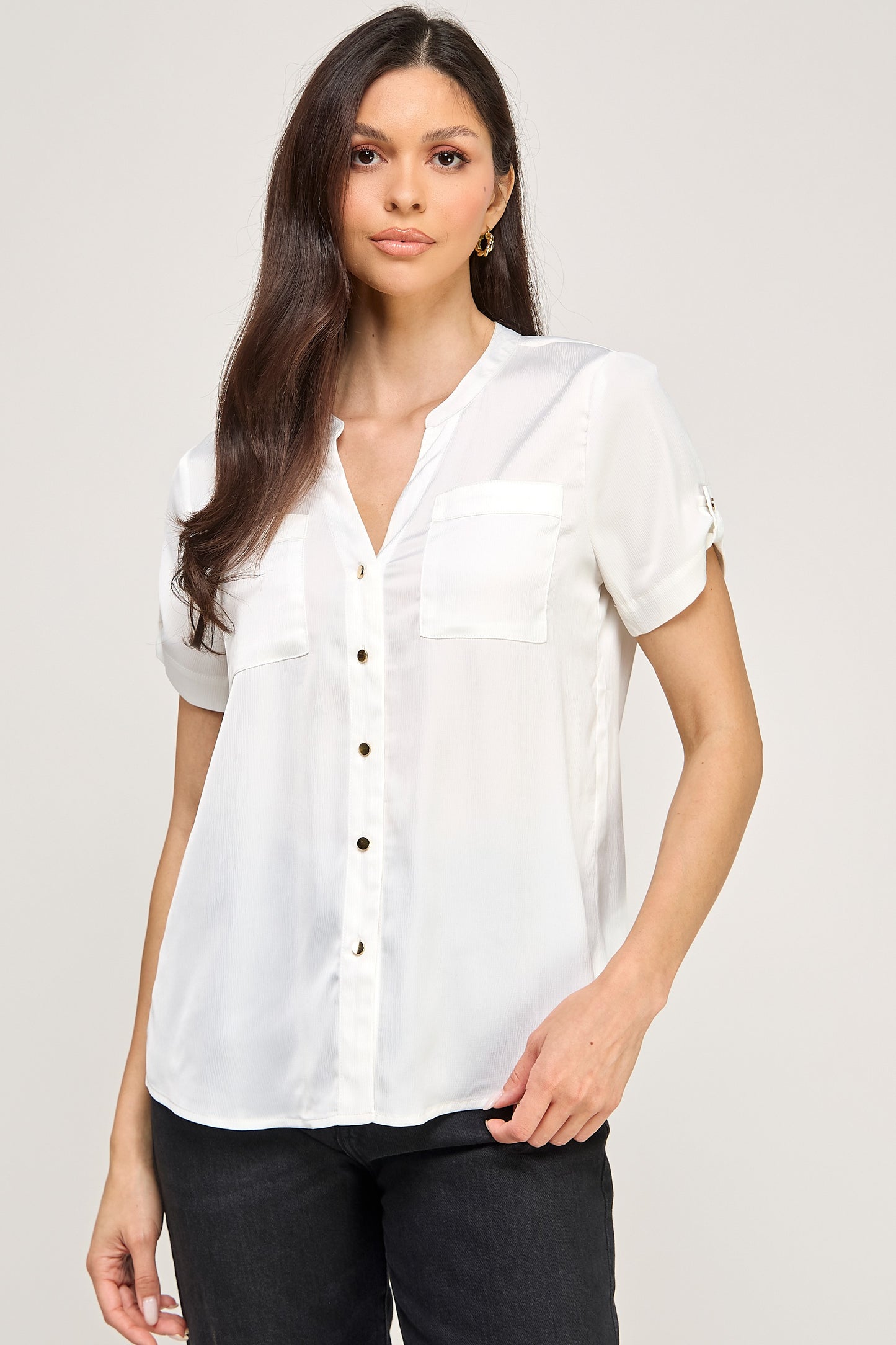 MICHEL SOLID V NECK SATN LIKE BUTTON PATCH POCKETS SHORT SLEEVE BLOUSE 43525