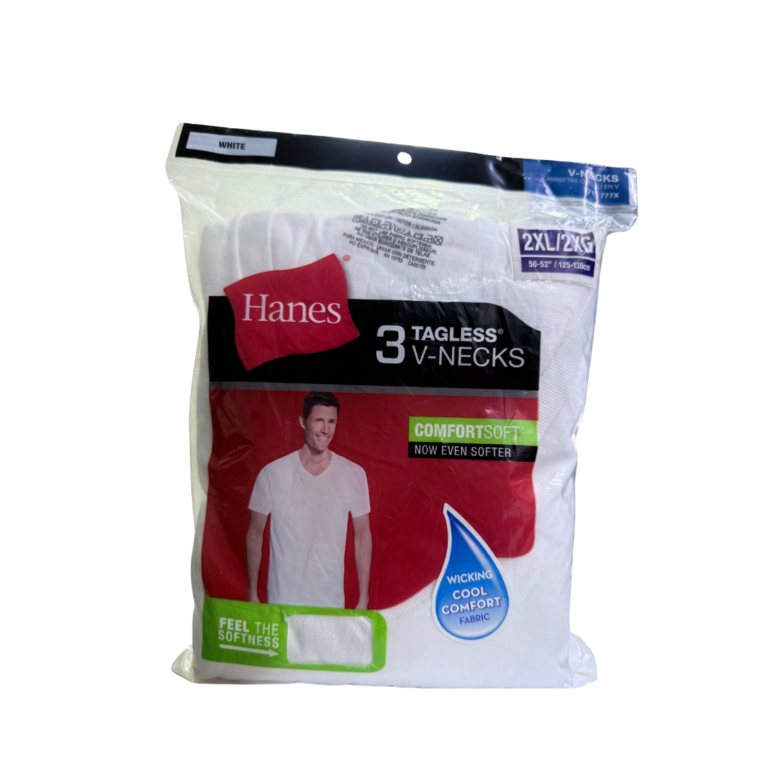 HANES 3 TAGLESS V-NECKS WHITE