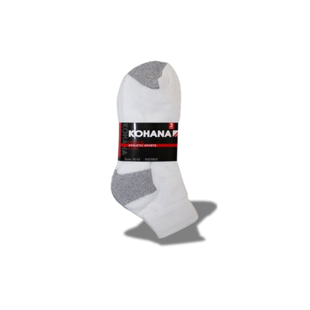 KOHANA 3 PAIRS MEN'S ATHLETIC SPORTS WHITE/GREY SOCKS SIZE 10-13