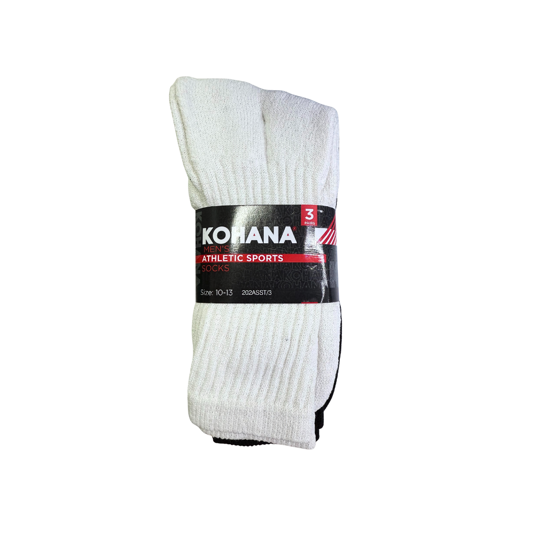 KOHANA 3 PAIRS LONG MENS ATHLETIC SPORTS WHITE SOCKS, GRAY AND BLACK SIZE 10-13