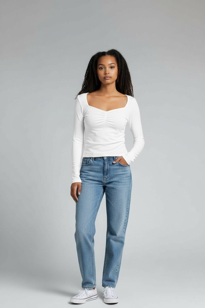 HEART & HIPS SWEETHEART NECK W/RUCHED LONG SLEEVE TOP JT56670L