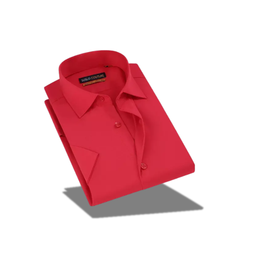 SUSLO COUTURE MEN'S SLIM FIT RED SHORT SLEEVES SOLID BUTTO DOWN SHIRT