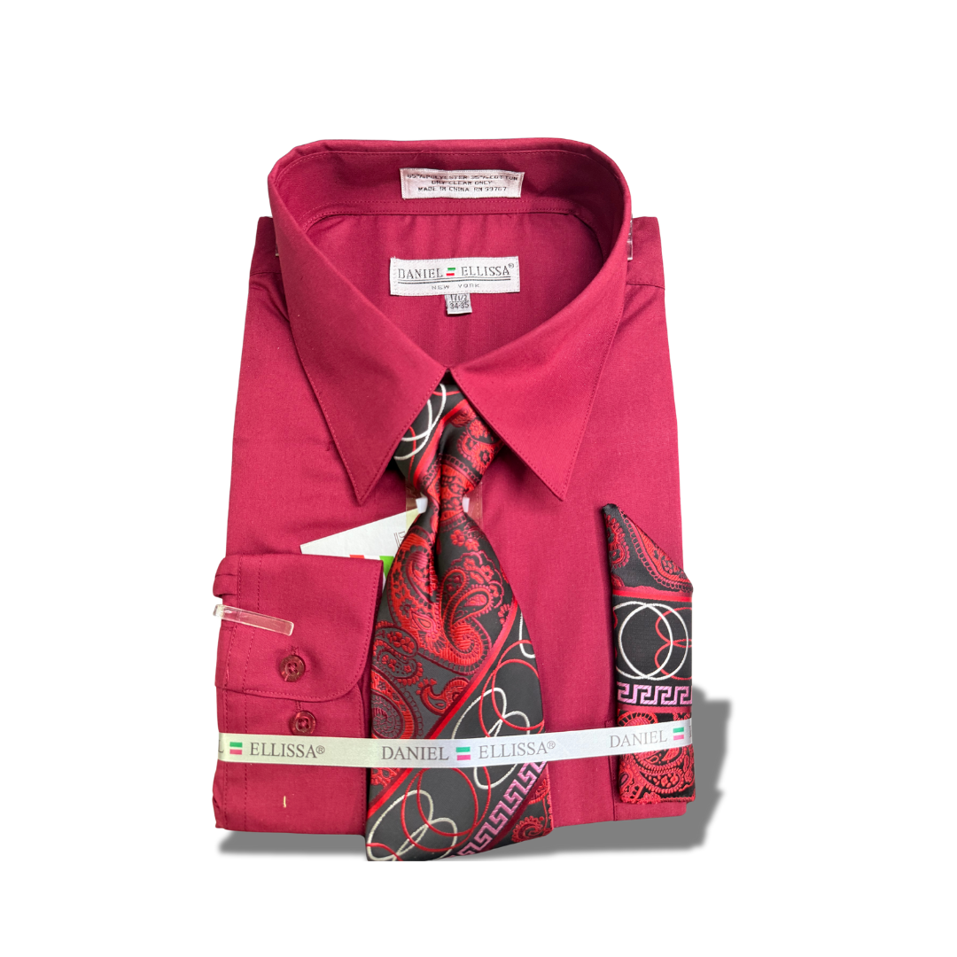 DANIEL ELLISSA BURGUNDY MEN DRESS LONG SLEEVE SHIRT AND MATCHING TIE AND HANKY