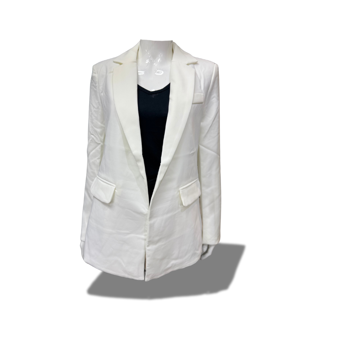 MICHEL 70939 OFF-WHITE SOLID NOTCHED LAPEL FLAP DETAIL OPEN FRONT BLAZER