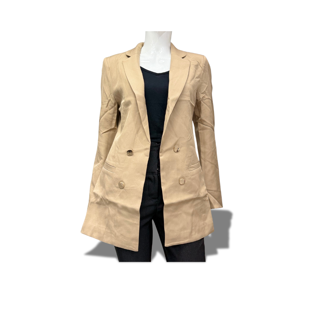 MICHEL 70976 KHAKI SOLID NOTCHED LAPEL BUTTON DETAIL OPEN FRONT BLAZER