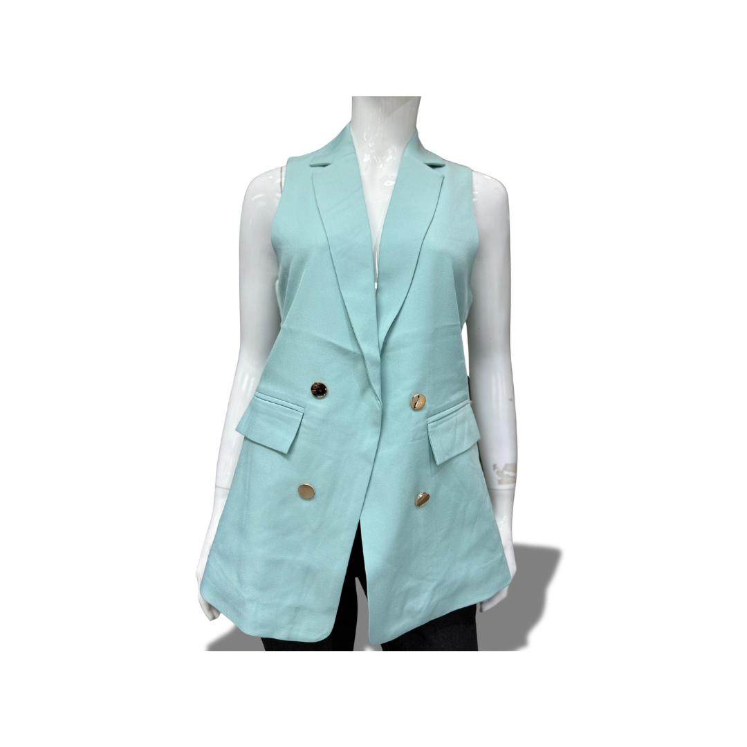 MICHEL 70977 SAGE SOLID NOTCHED LAPEL DETAIL OPEN FRONT VEST