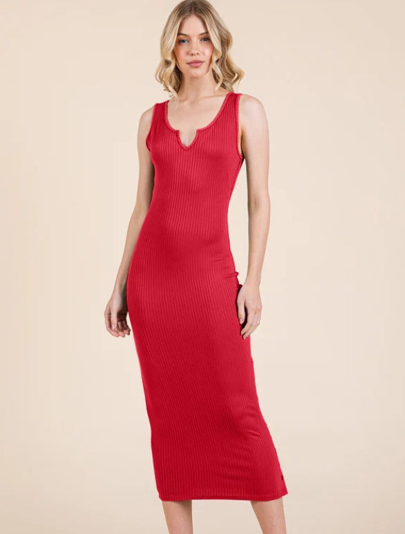 HEART & HIPS NOTCH NECKLINE SLEEVELESS RIBBED MIDI DRESS RD48362A