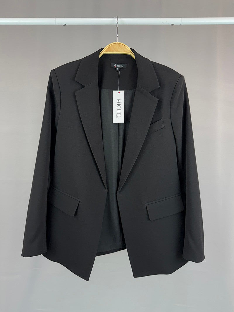 MICHEL SOLID NOTCHED LAPEL FLAP DETAIL OPEN FRONT JACKET 70939