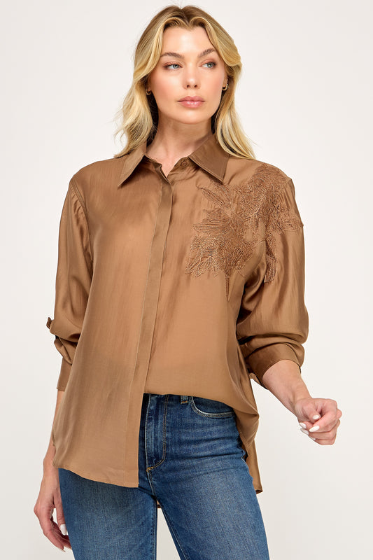 MICHEL SOLID HIDDEN BUTTON DOWN ROLL UP LONG SLEEVE BLOUSE 43777