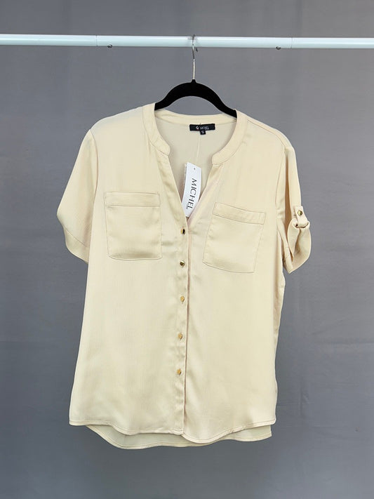 MICHEL SOLID V NECK SATN LIKE BUTTON PATCH POCKETS SHORT SLEEVE BLOUSE 43525
