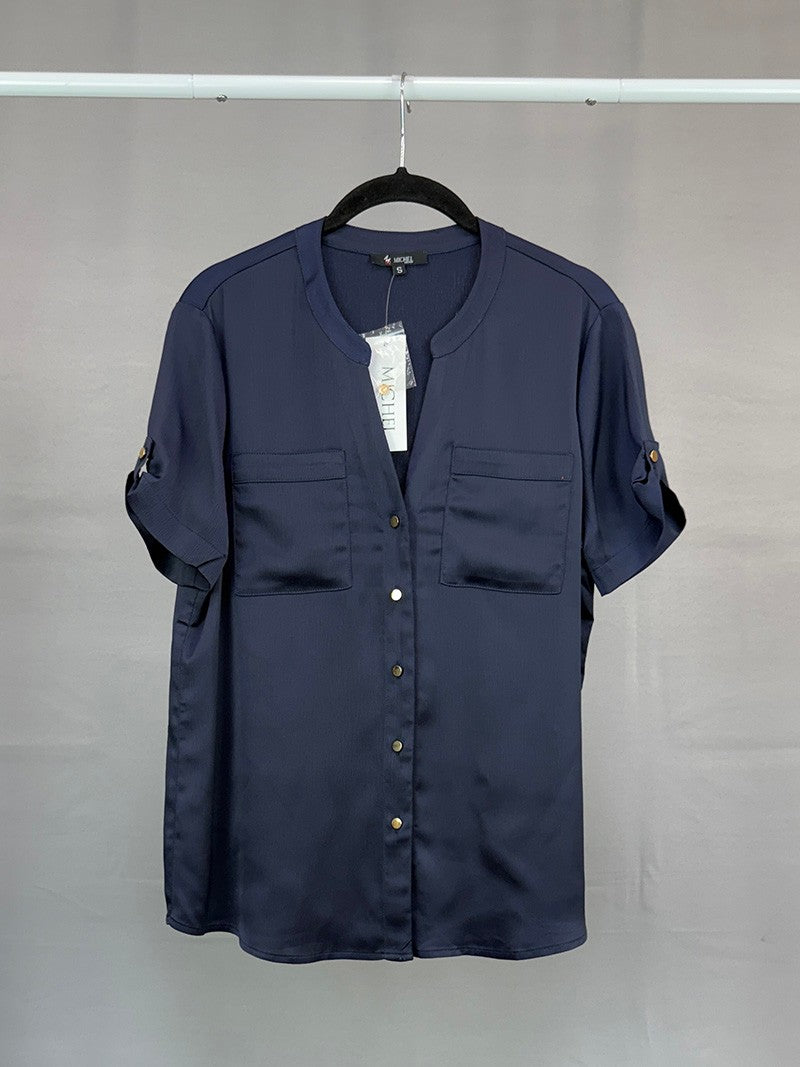 MICHEL SOLID V NECK SATN LIKE BUTTON PATCH POCKETS SHORT SLEEVE BLOUSE 43525