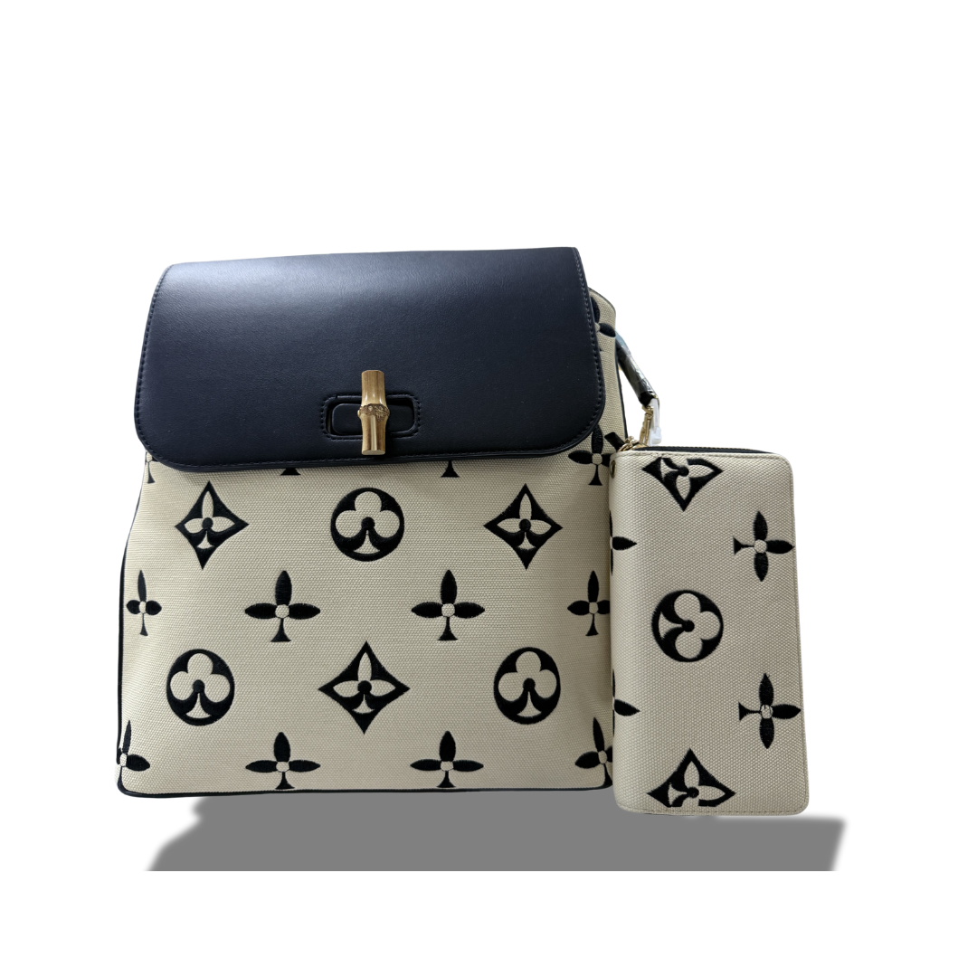 CLASSIC FASHION 3C-9136W-1 BEIGE BLACK 2 IN 1 BACKPACK BAG