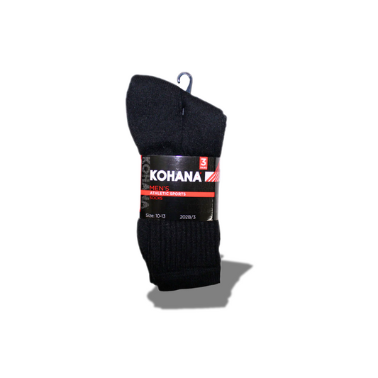 KOHANA 3 PAIRS LONG MEN'S ATHLETIC SPORTS BLACK SOCKS SIZE 10-13