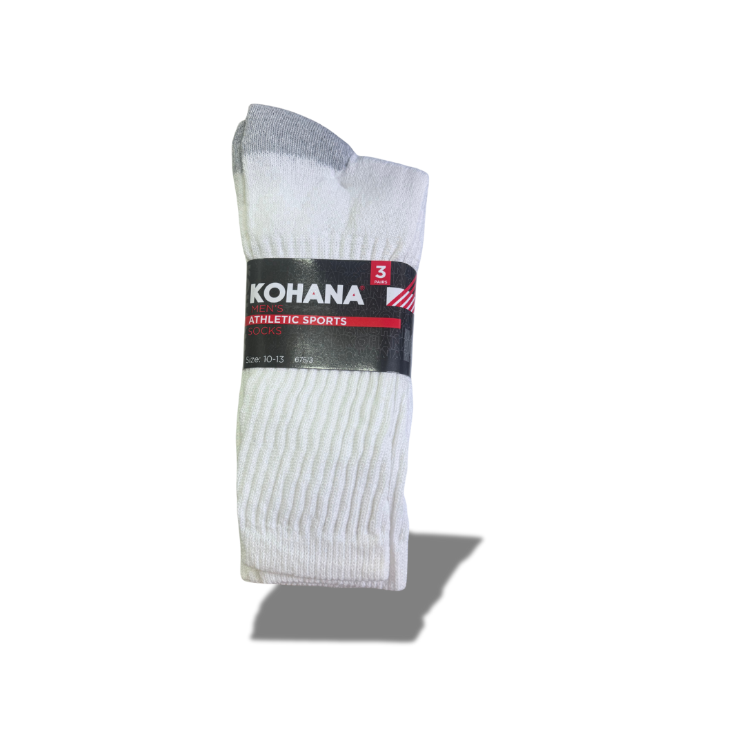 KOHANA 3 PAIRS LONG MEN'S ATHLETIC SPORTS SOCKS WHITE SIZE 10-13