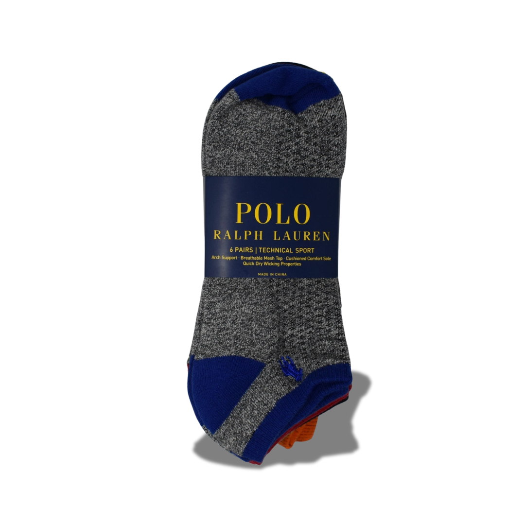 POLO RALPH LAUREN TECHINICAL SPORT 6 PAIR MEN'S LOW-CUT SOCKS ASSORTED