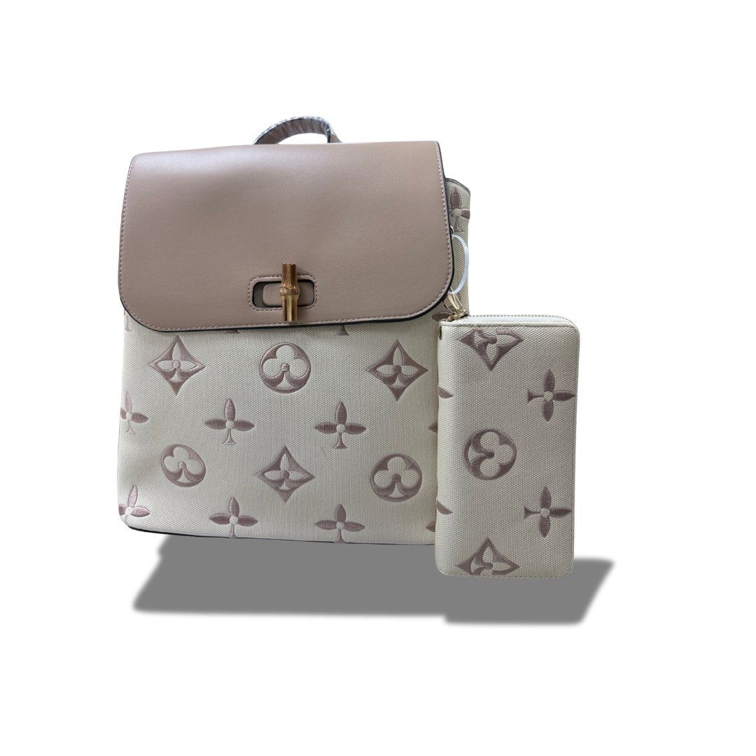 CLASSIC FASHION 3C-9136W-1 BEIGE WHIITE 2 IN 1 BACKPACK BAG