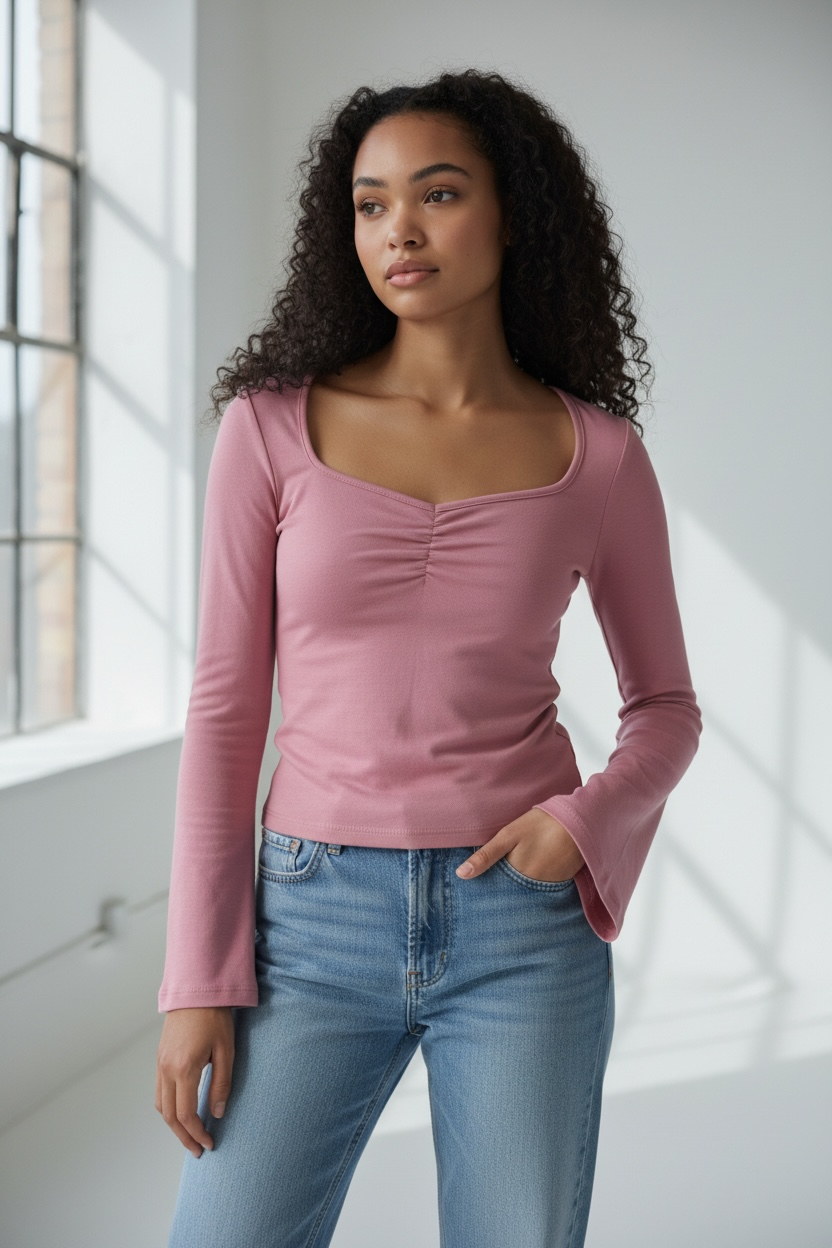 HEART & HIPS SWEETHEART NECK W/RUCHED LONG SLEEVE TOP JT56670L