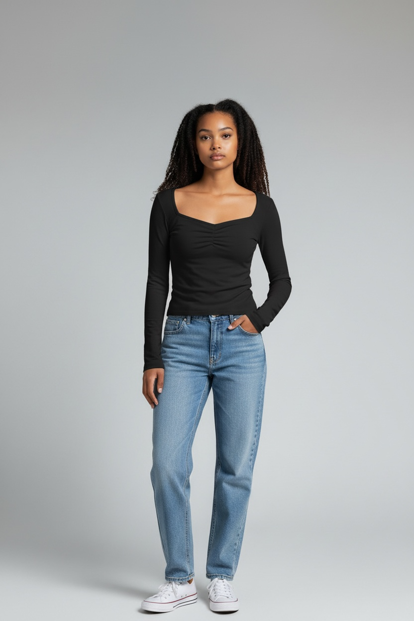 HEART & HIPS SWEETHEART NECK W/RUCHED LONG SLEEVE TOP JT56670L