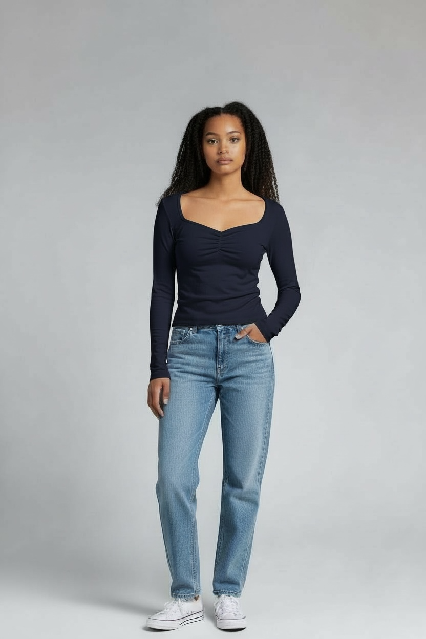 HEART & HIPS SWEETHEART NECK W/RUCHED LONG SLEEVE TOP JT56670L