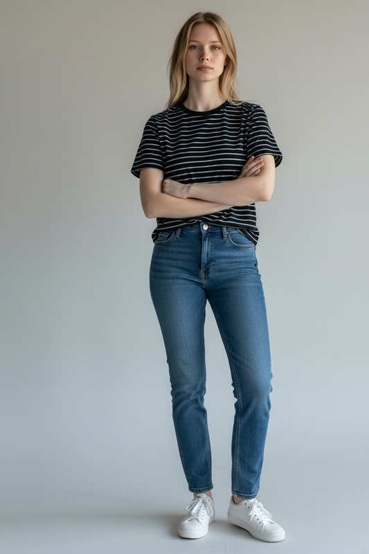 HEART & HIPS SHORT SLEEVE MULTICOLOR STRIPED TOP AY34568S4