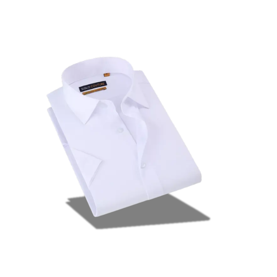 SUSLO COUTURE MEN'S SLIM FIT WHITE SHORT SLEEVES SOLID BUTTO DOWN SHIRT
