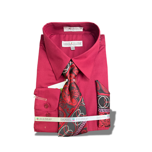 DANIEL ELLISSA BURGUNDY MEN DRESS LONG SLEEVE SHIRT AND MATCHING TIE AND HANKY