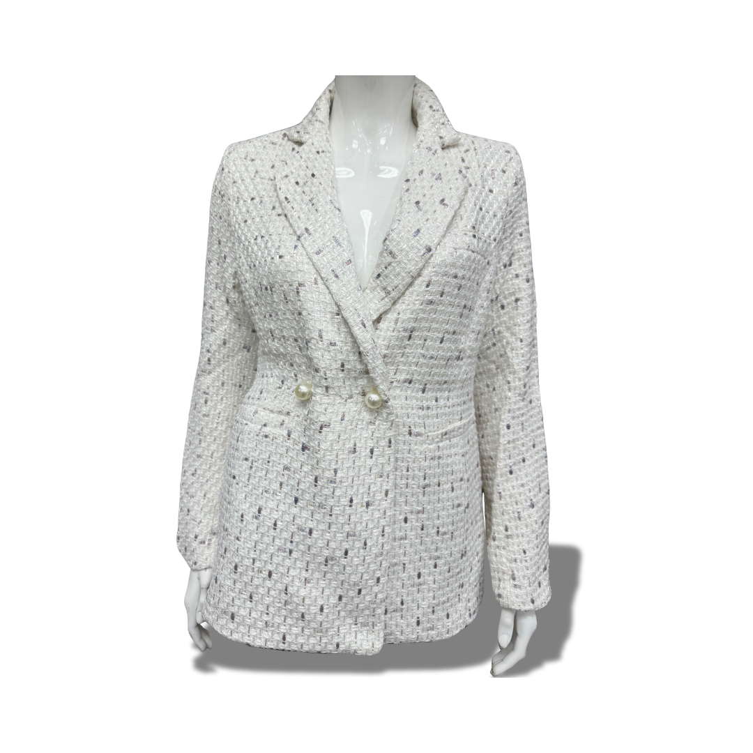 MICHEL OFF WHITE TWEED NOTCHED LAPEL JEWEL BUTTON JACKET