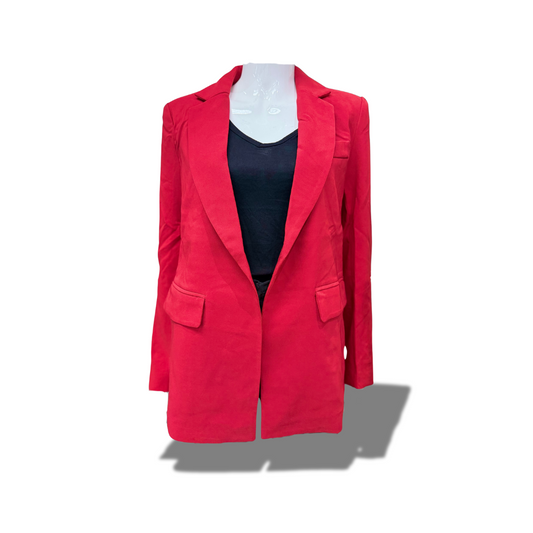 MICHEL 70941 RED SOLID NOTCHED LAPEL FLAP DETAIL OPEN FRONT BLAZER