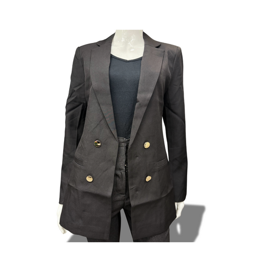 MICHEL 70976 BLACK SOLID NOTCHED LAPEL BUTTON DETAIL OPEN FRONT BLAZER