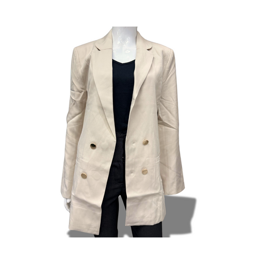 MICHEL 70976 BEIGE SOLID NOTCHED LAPEL BUTTON DETAIL OPEN FRONT BLAZER