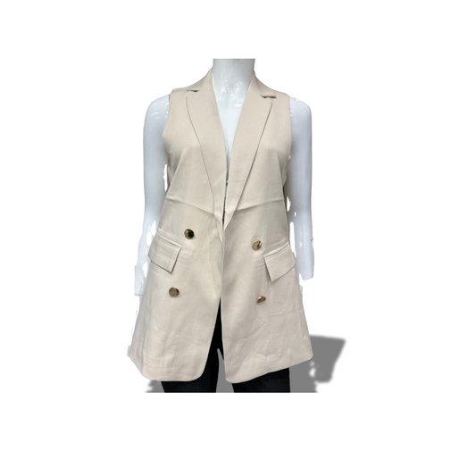 MICHEL 70977 BEIGE SOLID NOTCHED LAPEL DETAIL OPEN FRONT VEST