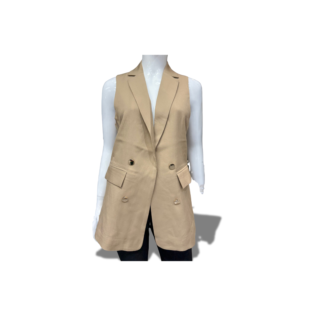 MICHEL 70977 KHAKI SOLID NOTCHED LAPEL DETAIL OPEN FRONT VEST