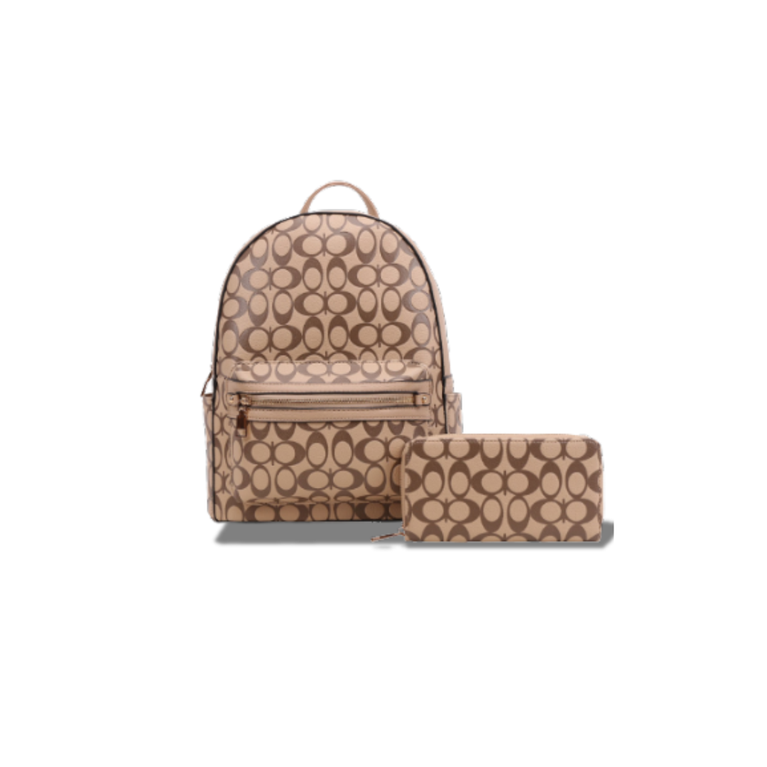 CLASSIC FASHION TAUPE 2 IN 1 OVAL PATTERN ZIPPER BACKPACK