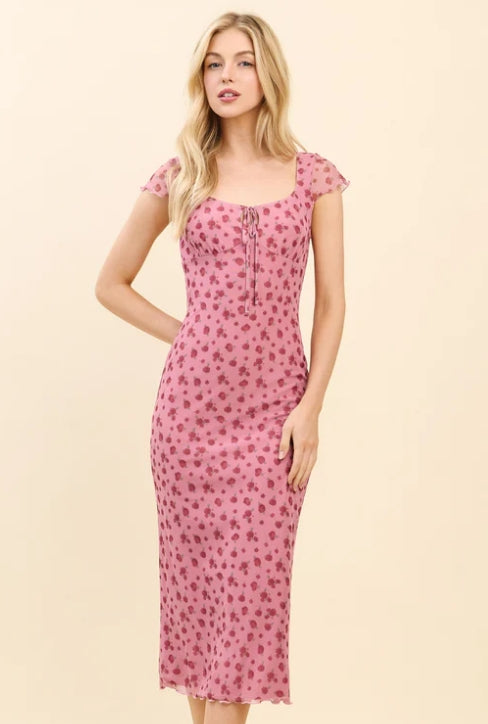 HEART & HIPS FRONT TIE FULLY LINED MESH MIDI DRESS LD56186P