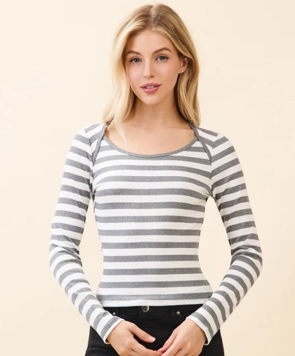 HEART & HIPS ENVELOPE NECK STRIPED LONG SLEEVE TOP RT56282LS