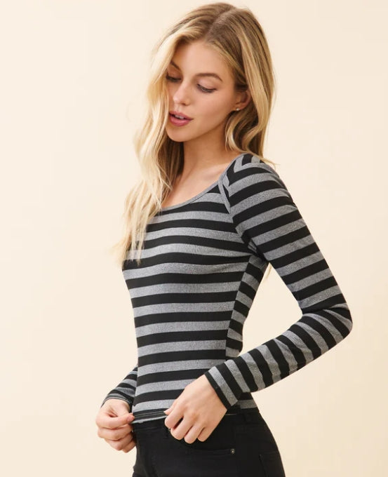 HEART & HIPS ENVELOPE NECK STRIPED LONG SLEEVE TOP RT56282LS