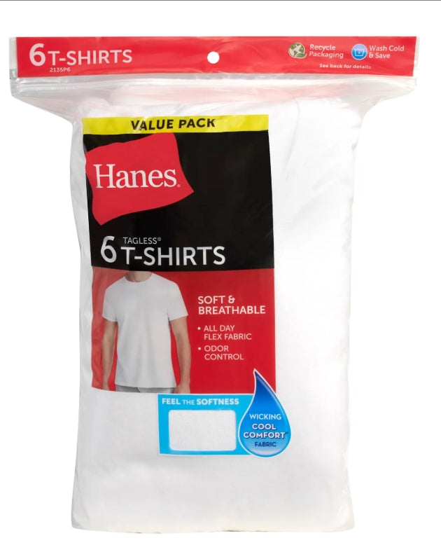 HANES MEN'S WHITE UNDERSHIRT ODOR CONTROL 6-PACK