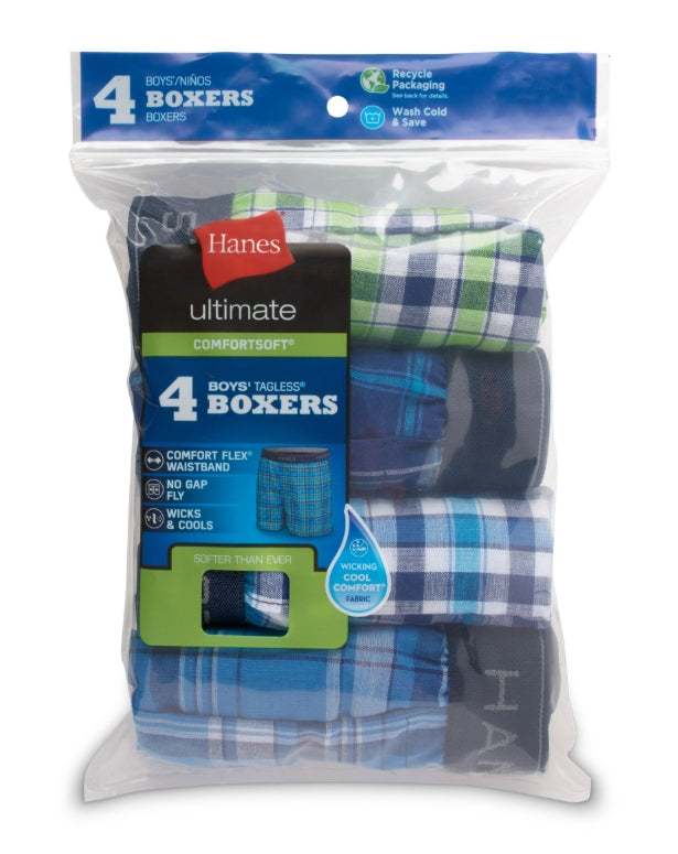HANES ULTIMATE COMFORTSOFT BOYS' WOVEN BOXER UNDERWEAR ASSORTED PLAID 4-PACK