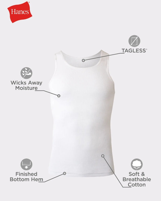HANES MEN'S COTTON TANK TOP UNDERSHIRT MOISTURE-WICKING WHITE 6-PACK