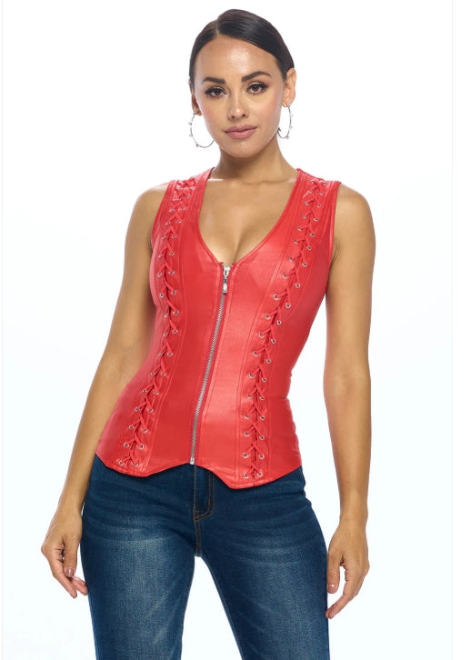 OH YES LACE-UP DETAIL ZIP UP SLEEVELESS TOP D-6894
