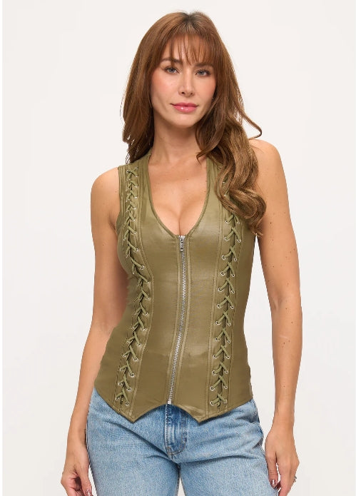 OH YES LACE-UP DETAIL ZIP UP SLEEVELESS TOP D-6894
