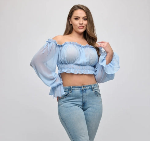 OHYES OFF SHOULDER RUFFLE TRIM CROP TOP PLUS D-7140P