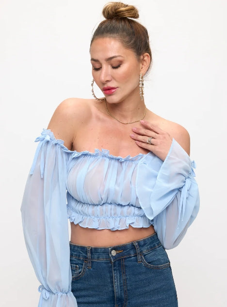 OHYES OFF SHOULDER RUFFLE TRIM CROP TOP D-7140