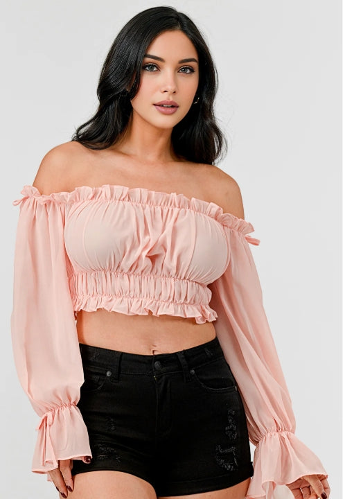 OHYES OFF SHOULDER RUFFLE TRIM CROP TOP D-7140