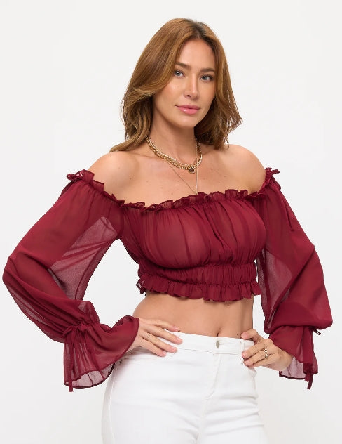 OHYES OFF SHOULDER RUFFLE TRIM CROP TOP D-7140