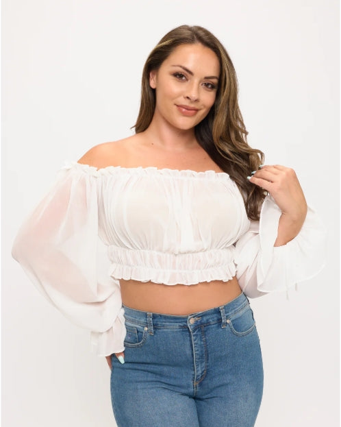 OHYES OFF SHOULDER RUFFLE TRIM CROP TOP PLUS D-7140P