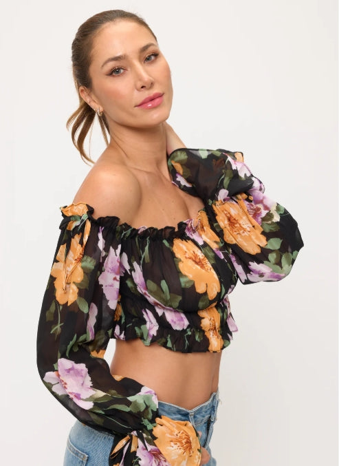 OHYES FLORAL OFFSHOULDER RUFFLE CROP TOP D-7353