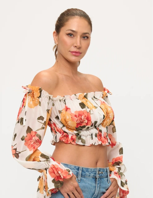 OHYES FLORAL OFFSHOULDER RUFFLE CROP TOP D-7353