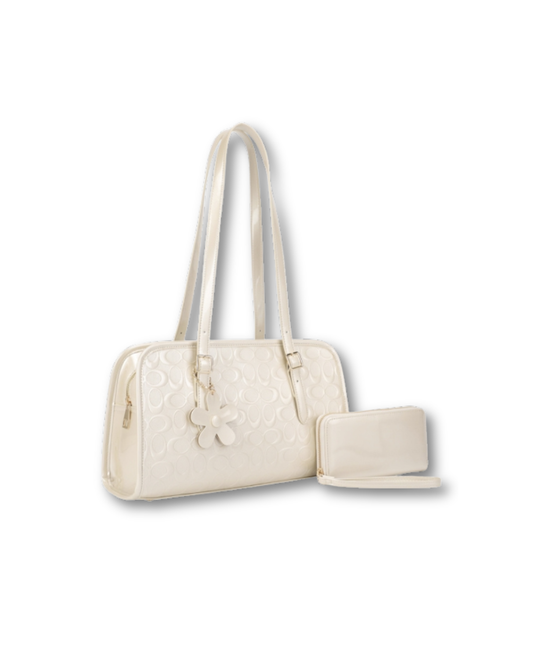 ALYSSA 2IN1 OVAL PRINT FLOWER HANDLE SHOULDER BAG W WALLET SET CREAM